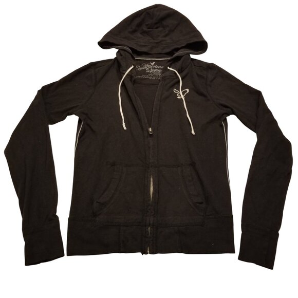 Vintage American Eagle Black Zip Up Hoodie Sweater X-Small Women's w/ Drawstring - Picture 1 of 8